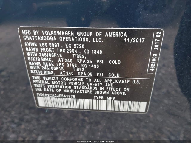 45827475 :رقم المزاد ، 1V2LR2CA2JC541875 vin ، 2018 Volkswagen Atlas 3.6l V6 Se/3.6l V6 Se W/technology مزاد بيع