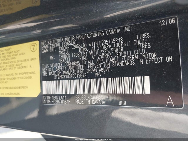 45827483 :رقم المزاد ، 2T2HK31U37C042643 vin ، 2007 Lexus Rx 350 مزاد بيع