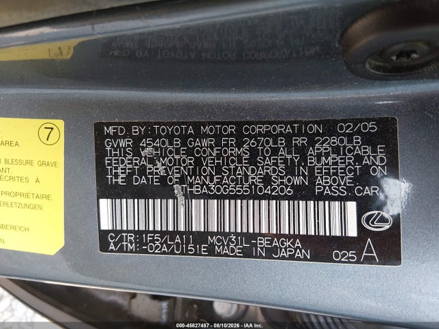 Aukcja sprzedaży 2005 Lexus Es 330, vin: JTHBA30G555104206, numer aukcji: 45827487