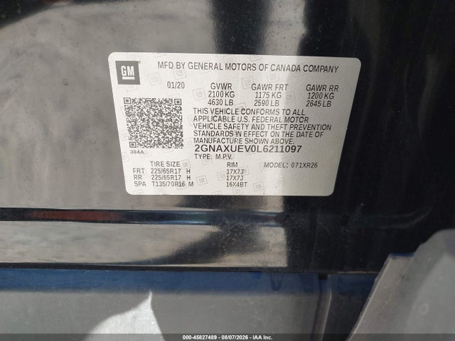 2020 Chevrolet Equinox Awd Lt 1.5l Turbo მანქანა იყიდება აუქციონზე, vin: 2GNAXUEV0L6211097, აუქციონის ნომერი: 45827489