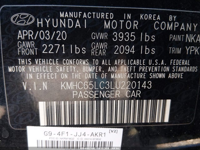 45827490 :رقم المزاد ، KMHC65LC3LU220143 vin ، 2020 Hyundai Ioniq Hybrid Blue مزاد بيع