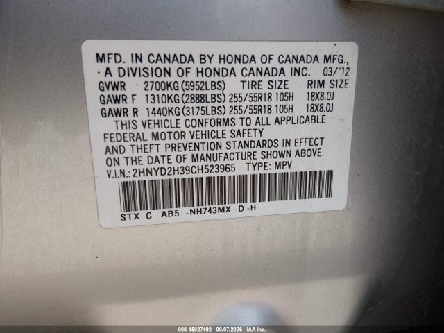 Aukcja sprzedaży 2012 Acura Mdx Technology Package, vin: 2HNYD2H39CH523965, numer aukcji: 45827492