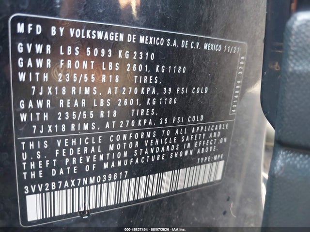 2022 Volkswagen Tiguan 2.0t Se მანქანა იყიდება აუქციონზე, vin: 3VV2B7AX7NM039617, აუქციონის ნომერი: 45827494