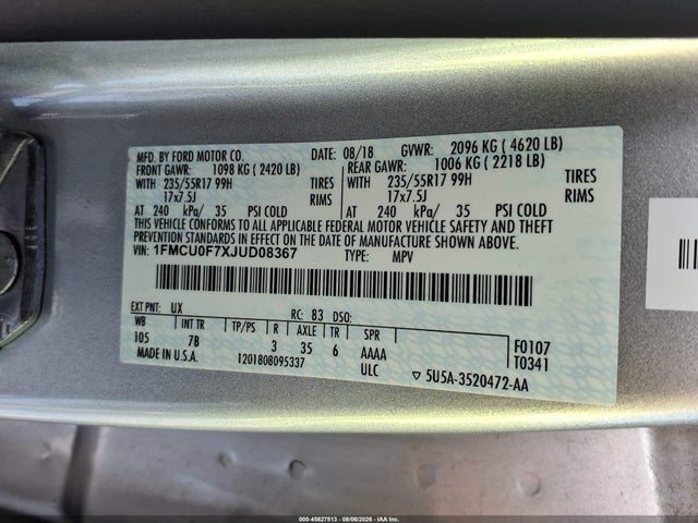 2018 Ford Escape S მანქანა იყიდება აუქციონზე, vin: 1FMCU0F7XJUD08367, აუქციონის ნომერი: 45827513