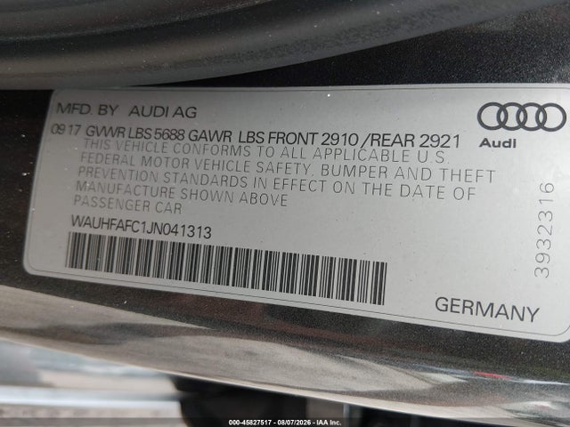 Aukcja sprzedaży 2018 Audi S6 4.0t Premium Plus, vin: WAUHFAFC1JN041313, numer aukcji: 45827517