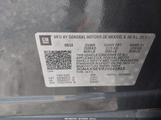Chevrolet EQUINOX LT 2018 3GNAXSEV9JS641813 Image 9