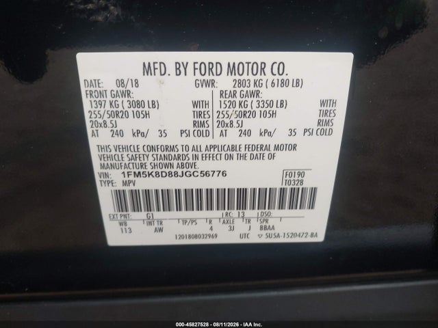 45827528 :رقم المزاد ، 1FM5K8D88JGC56776 vin ، 2018 Ford Explorer Xlt مزاد بيع