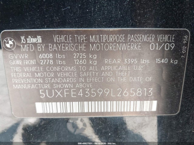 Продажа на аукционе авто 2009 Bmw X5 Xdrive30i, vin: 5UXFE43599L265813, номер лота: 45827531