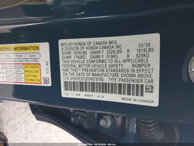 2026 Honda Civic Lx მანქანა იყიდება აუქციონზე, vin: 2HGFE2F20TH578780, აუქციონის ნომერი: 45827543
