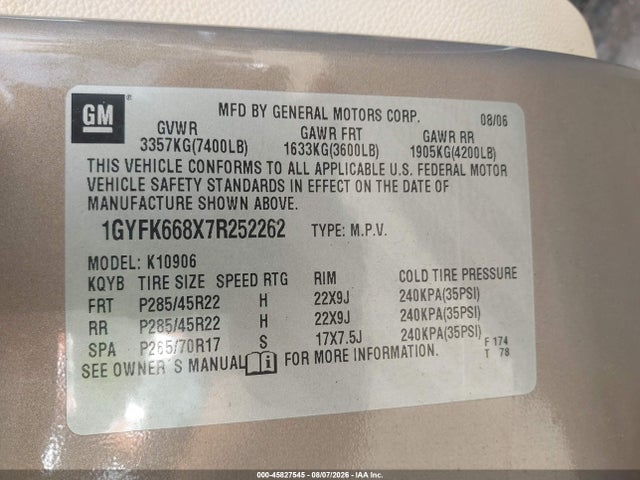 Aukcja sprzedaży 2007 Cadillac Escalade Esv Standard, vin: 1GYFK668X7R252262, numer aukcji: 45827545