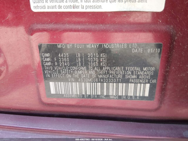 45827563 :رقم المزاد ، 4S3BMCJ67A3232371 vin ، 2010 Subaru Legacy 2.5i Limited مزاد بيع