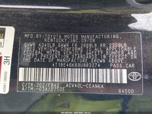 Продажа на аукционе авто 2009 Toyota Camry Le, vin: 4T1BE46K69U883274, номер лота: 45827602