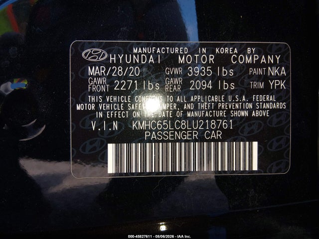 Продажа на аукционе авто 2020 Hyundai Ioniq Hybrid Blue, vin: KMHC65LC8LU218761, номер лота: 45827611