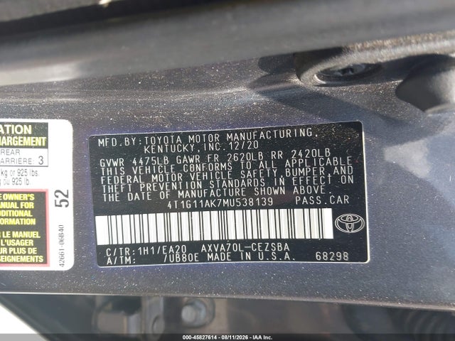 2021 Toyota Camry Se მანქანა იყიდება აუქციონზე, vin: 4T1G11AK7MU538139, აუქციონის ნომერი: 45827614