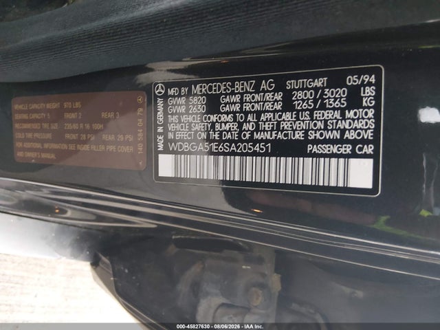 45827630 :رقم المزاد ، WDBGA51E6SA205451 vin ، 1995 Mercedes-benz S 500 مزاد بيع