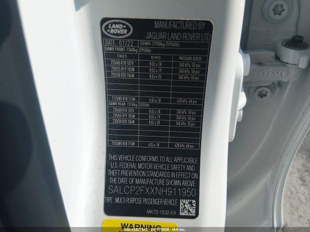 2022 Land Rover Discovery Sport Se მანქანა იყიდება აუქციონზე, vin: SALCP2FXXNH911950, აუქციონის ნომერი: 45827643