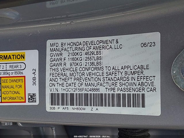 2023 Honda Accord Hybrid Sport მანქანა იყიდება აუქციონზე, vin: 1HGCY2F56PA048886, აუქციონის ნომერი: 45827647
