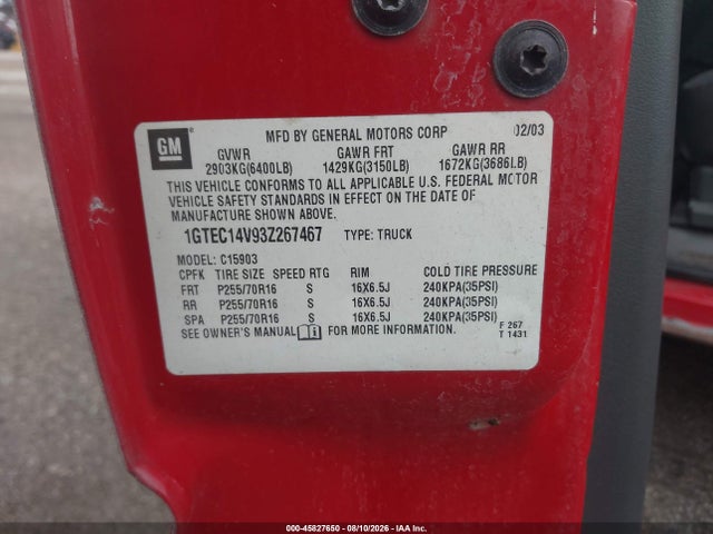 Продажа на аукционе авто 2003 Gmc Sierra 1500 Work Truck, vin: 1GTEC14V93Z267467, номер лота: 45827650