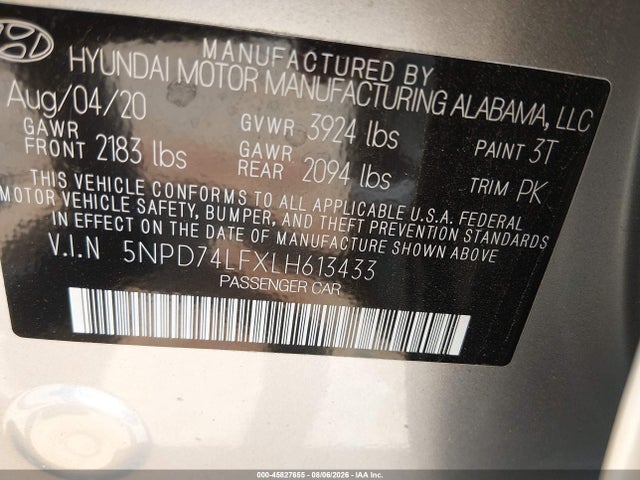 Продажа на аукционе авто 2020 Hyundai Elantra Se, vin: 5NPD74LFXLH613433, номер лота: 45827655