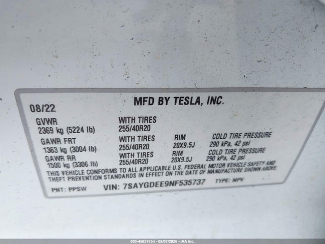 Продажа на аукционе авто 2022 Tesla Model Y Long Range Dual Motor All-wheel Drive, vin: 7SAYGDEE9NF535737, номер лота: 45827654