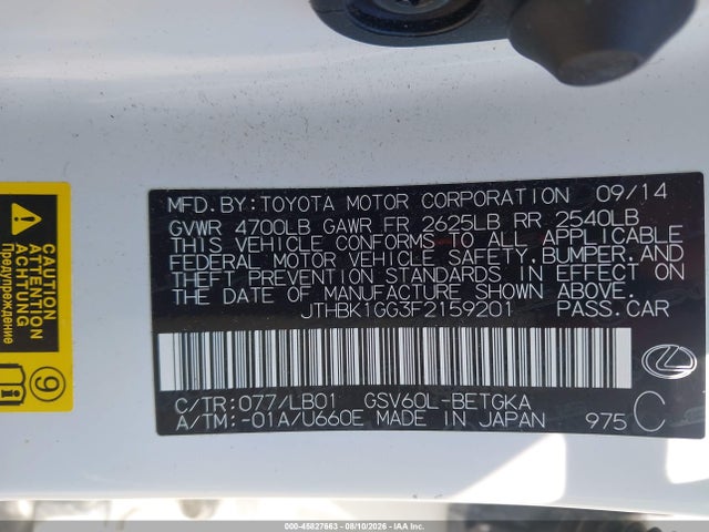 45827663 :رقم المزاد ، JTHBK1GG3F2159201 vin ، 2015 Lexus Es 350 مزاد بيع