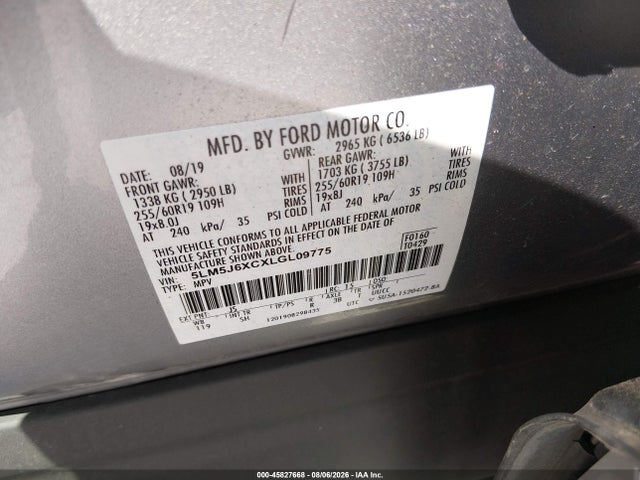 45827668 :رقم المزاد ، 5LM5J6XCXLGL09775 vin ، 2020 Lincoln Aviator Standard مزاد بيع