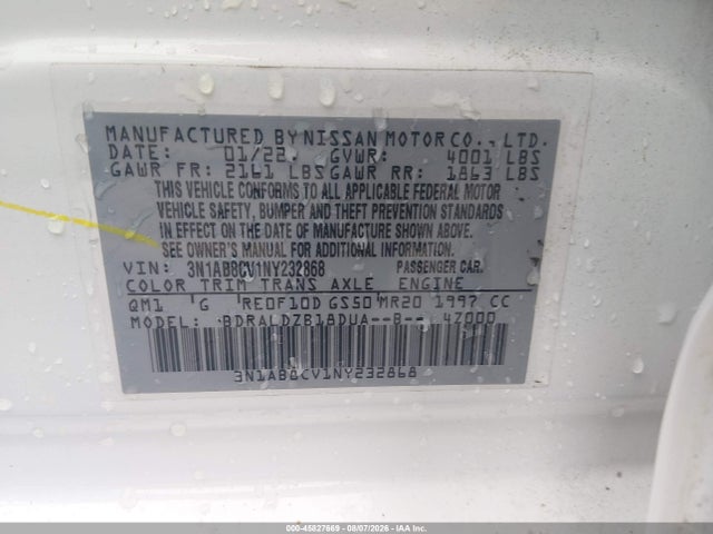 Продаж на аукціоні авто 2022 Nissan Sentra Sv Xtronic Cvt, vin: 3N1AB8CV1NY232868, номер лоту: 45827669