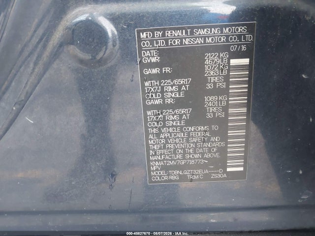 45827670 :رقم المزاد ، KNMAT2MV7GP718773 vin ، 2016 Nissan Rogue Sv مزاد بيع