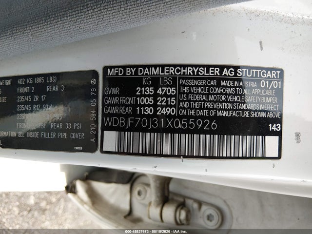 45827673 :رقم المزاد ، WDBJF70J31X055926 vin ، 2001 Mercedes-benz E 430 مزاد بيع