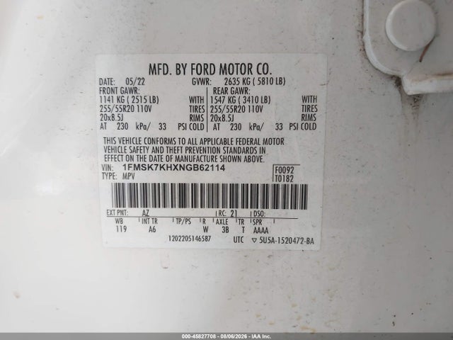 2022 Ford Explorer St-line მანქანა იყიდება აუქციონზე, vin: 1FMSK7KHXNGB62114, აუქციონის ნომერი: 45827708