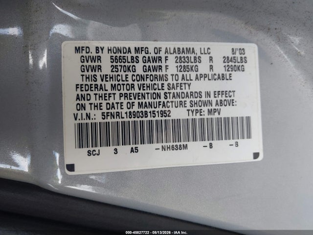 Aukcja sprzedaży 2003 Honda Odyssey Ex-l, vin: 5FNRL18903B151952, numer aukcji: 45827722
