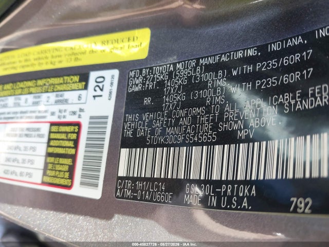 2015 Toyota Sienna Xle 8 Passenger მანქანა იყიდება აუქციონზე, vin: 5TDYK3DC9FS545655, აუქციონის ნომერი: 45827726