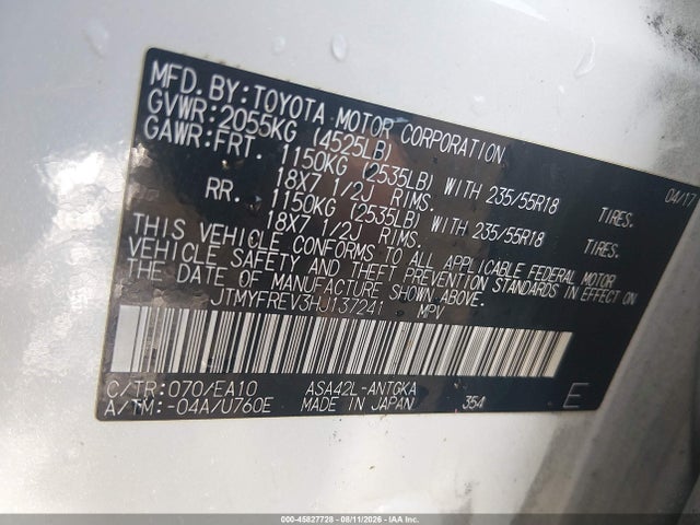 Aukcja sprzedaży 2017 Toyota Rav4 Limited, vin: JTMYFREV3HJ137241, numer aukcji: 45827728