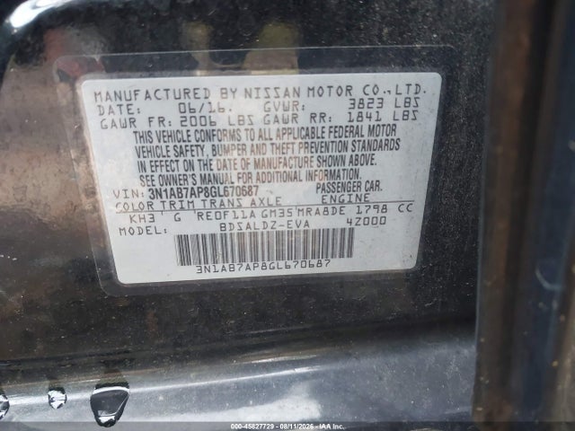 2016 Nissan Sentra Sv მანქანა იყიდება აუქციონზე, vin: 3N1AB7AP8GL670687, აუქციონის ნომერი: 45827729