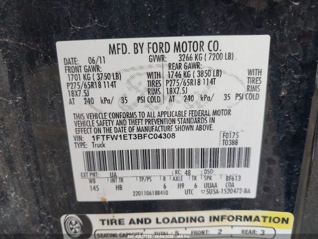 Продаж на аукціоні авто 2011 Ford F-150 Lariat, vin: 1FTFW1ET3BFC04308, номер лоту: 45827730