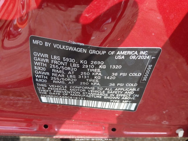 Auction sale of the 2024 Volkswagen Atlas 2.0t Sel, vin: 1V2BR2CA6RC619131, lot number: 45827761