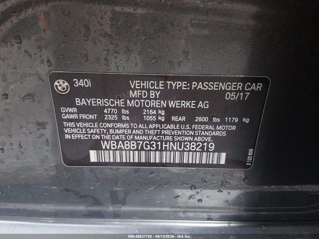 Продаж на аукціоні авто 2017 Bmw 340i Xdrive, vin: WBA8B7G31HNU38219, номер лоту: 45827762