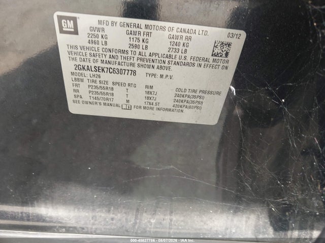 45827786 :رقم المزاد ، 2GKALSEK7C6307778 vin ، 2012 Gmc Terrain Sle-2 مزاد بيع