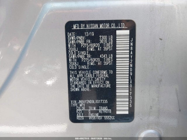 2020 Nissan Armada Sl 2wd მანქანა იყიდება აუქციონზე, vin: JN8AY2ND9LX017335, აუქციონის ნომერი: 45827815