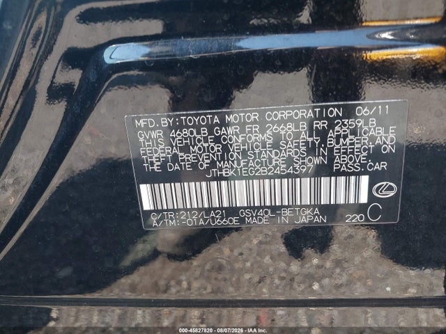 45827820 :رقم المزاد ، JTHBK1EG2B2454397 vin ، 2011 Lexus Es 350 مزاد بيع