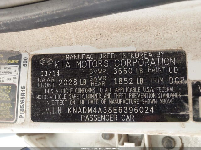 2014 Kia Rio Lx მანქანა იყიდება აუქციონზე, vin: KNADM4A38E6396024, აუქციონის ნომერი: 45827839