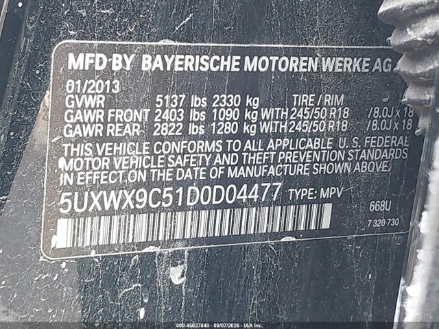 Продажа на аукционе авто 2013 Bmw X3 Xdrive28i, vin: 5UXWX9C51D0D04477, номер лота: 45827848
