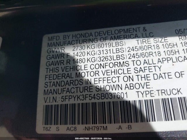 Honda Ridgeline Rtl 2025 5FPYK3F54SB037601 Image 9