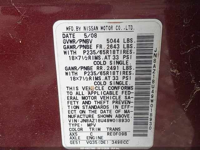 Aukcja sprzedaży 2009 Nissan Murano S, vin: JN8AZ18U49W018930, numer aukcji: 45827860