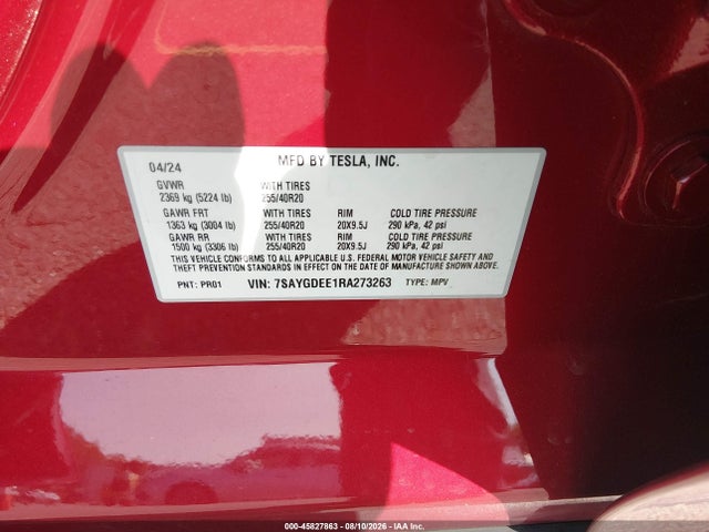 Продаж на аукціоні авто 2024 Tesla Model Y Long Range Dual Motor All-wheel Drive, vin: 7SAYGDEE1RA273263, номер лоту: 45827863