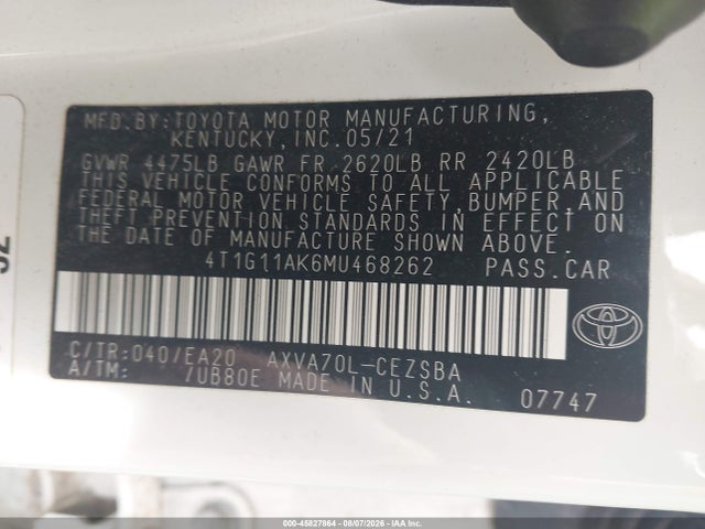 Продаж на аукціоні авто 2021 Toyota Camry Se, vin: 4T1G11AK6MU468262, номер лоту: 45827864
