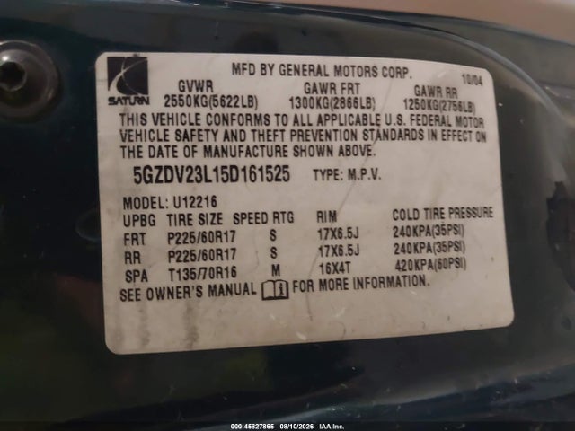 Продаж на аукціоні авто 2005 Saturn Relay Fwd, vin: 5GZDV23L15D161525, номер лоту: 45827865
