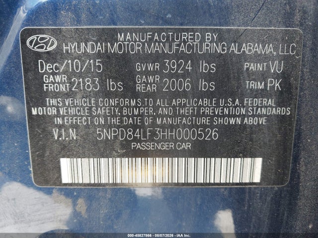 Продаж на аукціоні авто 2017 Hyundai Elantra Se, vin: 5NPD84LF3HH000526, номер лоту: 45827866