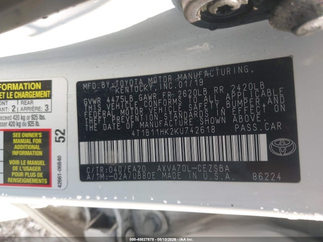 Aukcja sprzedaży 2019 Toyota Camry Se, vin: 4T1B11HK2KU742618, numer aukcji: 45827878