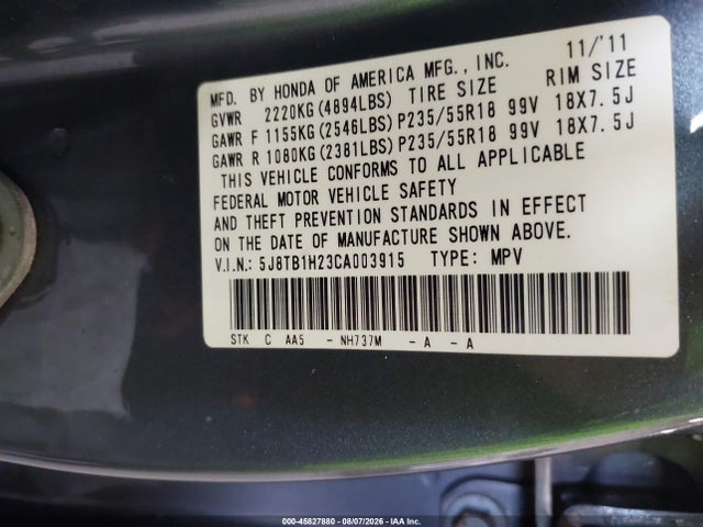 45827880 :رقم المزاد ، 5J8TB1H23CA003915 vin ، 2012 Acura Rdx مزاد بيع
